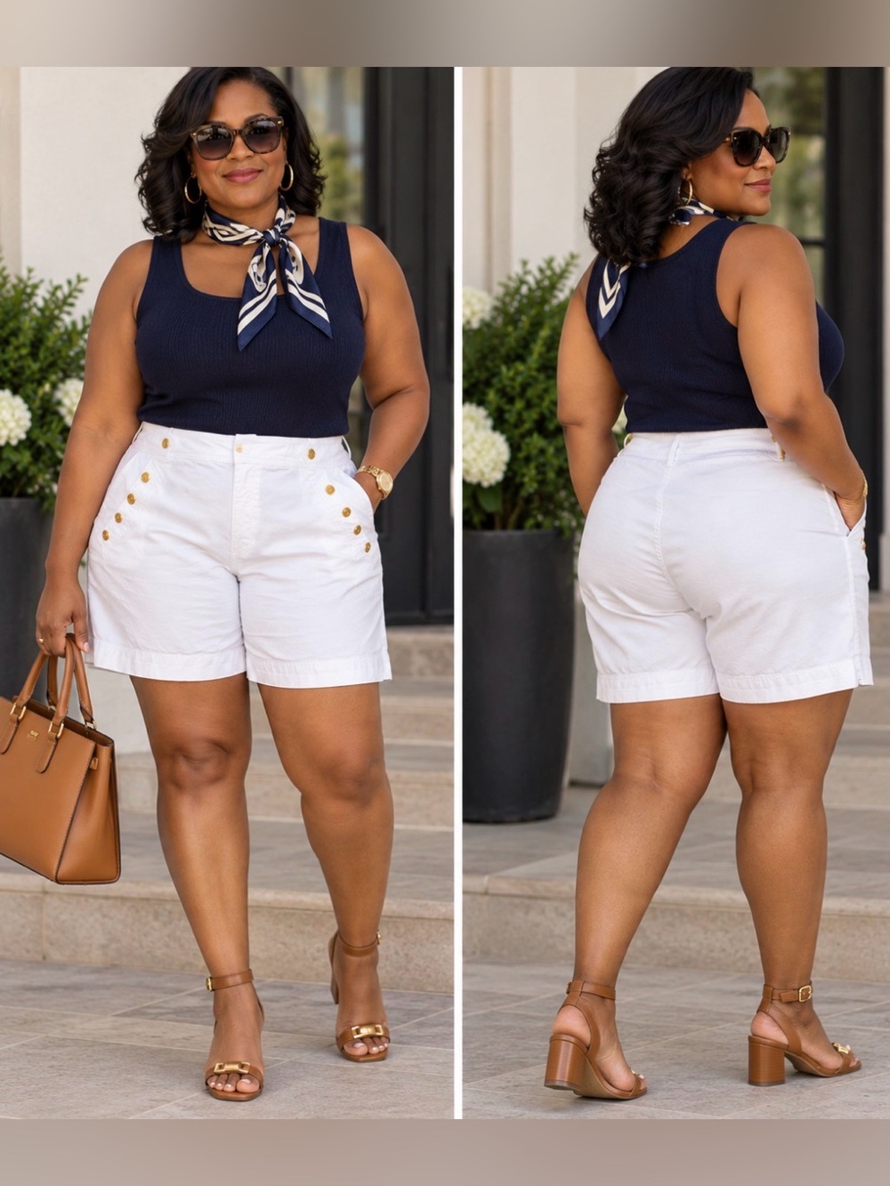 Anne Klein White Sailor Shorts with Gold Accents